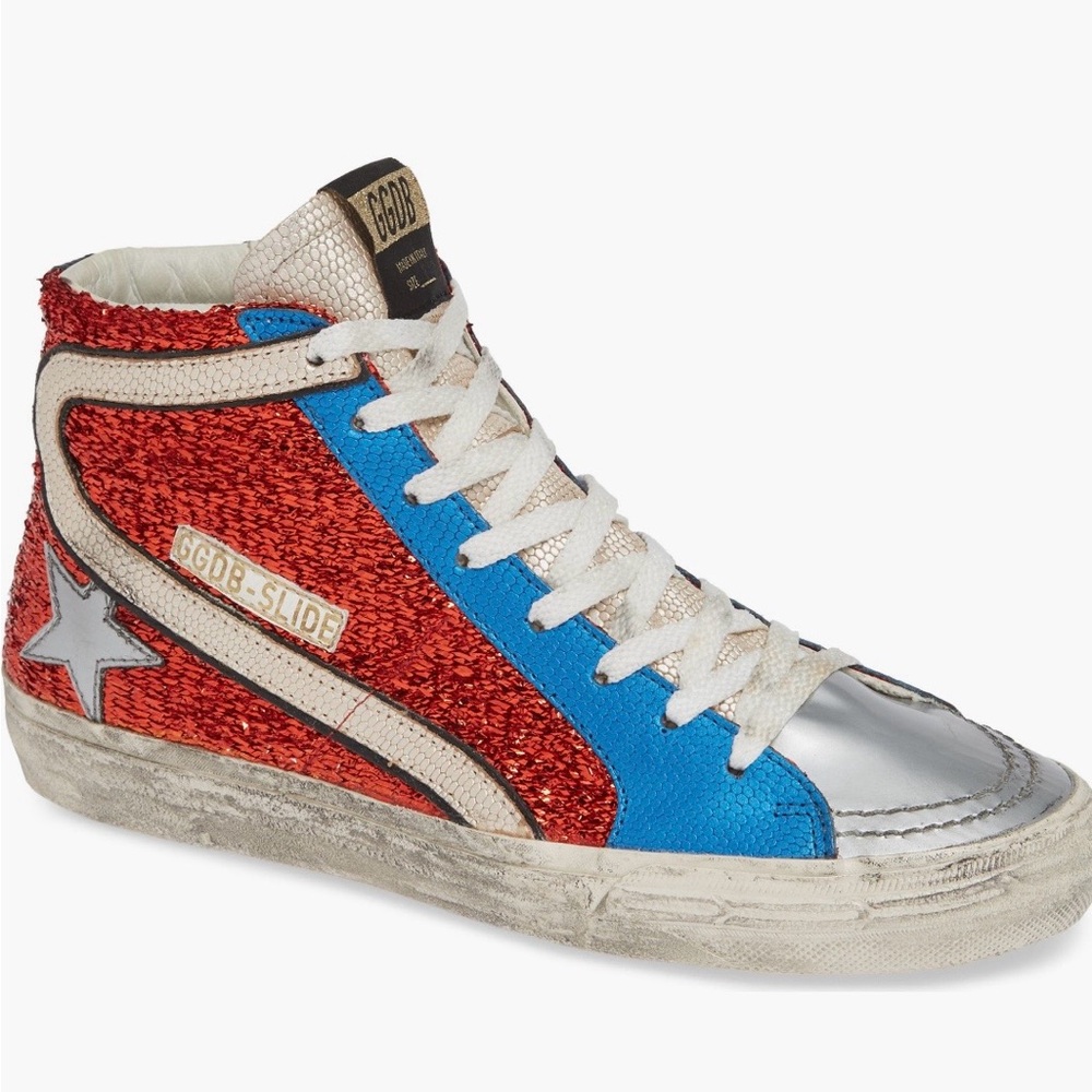 Golden Goose Red and Blue Glitter High-Top Sneakers
